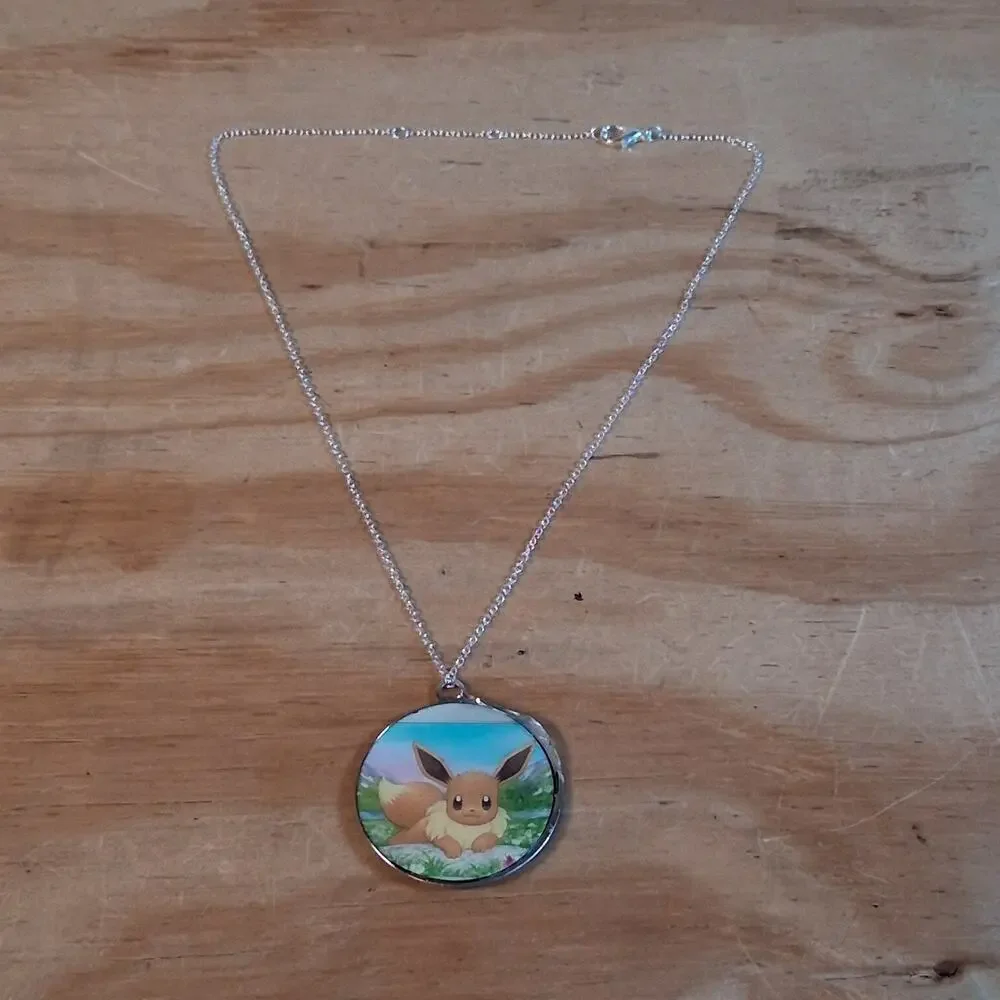 Handmade Pokemon Evee Necklace Silver Chain Round Resin Card Jewelry 10 In